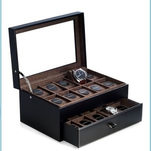 Bey-Berk Black Pebbled Leather 20 Watch Case with Glass See-thru Top and Drawer.